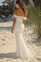 White Satin Off the Shoulder Long Mermaid Engagement Dress with Ruffles