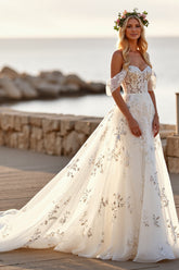 White Tulle Off the Shoulder Sweep Train Wedding Dress with Appliques