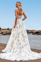 Tulle White A Line Floral Sweep Train Wedding Dress