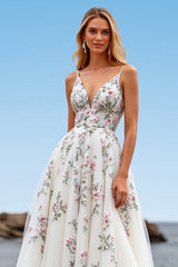 Tulle White A Line Floral Sweep Train Wedding Dress