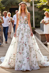 White Organza Floral Ball Gown Sweep Train Wedding Dress