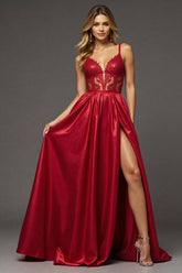 Red A Line Satin Long V-Neck Prom Dress with Slit