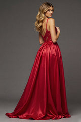 Red A Line Satin Long V-Neck Prom Dress with Slit