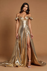 Sparkly Golden A Line Metallic Off the Shoulder Long Prom Dress with Slit