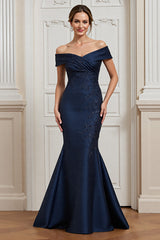 Navy Satin Mermaid Off the Shoulder Long Mother of the Bride Dress