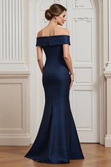 Navy Satin Mermaid Off the Shoulder Long Mother of the Bride Dress
