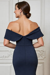 Satin Navy Off the Shoulder Long Mother of the Bride Dress with Appliques