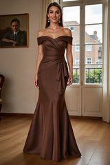 Brown Off the Shoulder Satin Ruched Long Mother of the Bride Dress