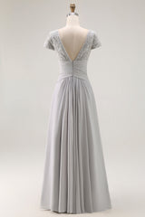 Silver Chiffon A Line Long V-Neck Mother of the Bride Dress with Appliques