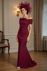 Burgundy Satin Off the Shoulder Mermaid Long Mother of the Bride Dress