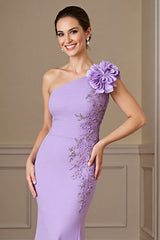 Floral Lilac Satin Long One Shoulder Mother of the Bride Dress with Appliques