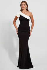 Black Satin One Shoulder Long Black Tie Dress