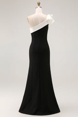 Black Satin One Shoulder Long Black Tie Dress