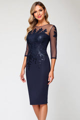 Navy Bodycon Midi Long Sleeves Mother of the Bride Dress with Appliques
