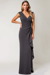 Steel Grey V-Neck Ruffled Long Mother of the Bride Dress