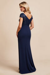 Sparkly Navy Sheath Cap Sleeves Long Mother of the Bride Dress with Slit