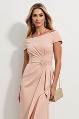 Apricot Sheath Ruched Long Mother of the Bride Dress with Short Sleeves
