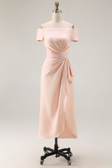 Apricot Sheath Ruched Long Mother of the Bride Dress with Short Sleeves
