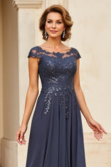 Sparkly Twilight A Line Chiffon Boat Neck Long Mother of the Bride Dress
