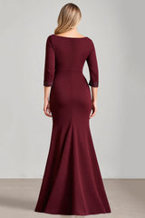 Burgundy Satin Boat Neck Ruched Long Mother of the Bride Dress with Sleeves