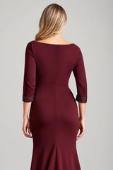 Burgundy Satin Boat Neck Ruched Long Mother of the Bride Dress with Sleeves