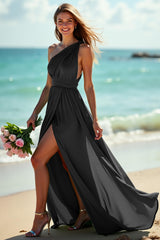 Green One Shoulder Ruched Boho Long Bridesmaid Dress with Slit