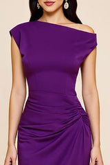Plum Sheath Ruched Satin Asymmetrical Long Formal Dress