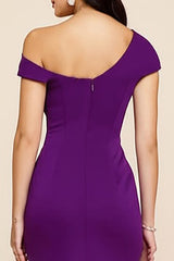 Plum Sheath Ruched Satin Asymmetrical Long Formal Dress