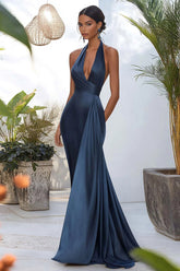 Simple Grey Blue Halter Neck Satin Long Formal Dress