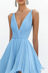 Sky Blue A Line Deep V-Neck High-Low Chiffon Prom Dress