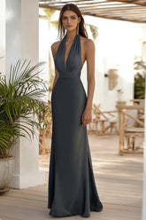 Dark Grey Halter Neck Sheath Long Formal Dress