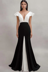 Black White A Line V-Neck Ruffled Long Formal Dress