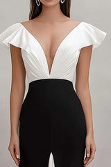 Black White A Line V-Neck Ruffled Long Formal Dress