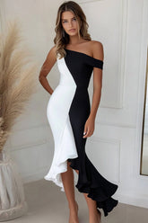 Black White Mermaid Asymmetrical Neck Ruffled Midi Formal Dress