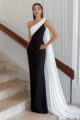 Black White Sheath One Shoulder Long Satin Formal Dress with Side Cape