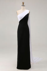 Black White Sheath One Shoulder Long Satin Formal Dress with Side Cape
