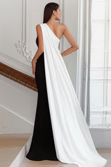 Black White Satin One Shoulder Sheath Long Formal Dress with Side Cape