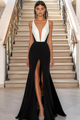 Black White Sheath Deep V-Neck Satin Long Formal Dress with Slit
