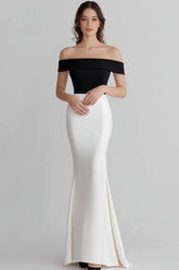 Black White Mermaid Off the Shoulder Satin Long Formal Dress