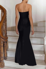 Black White Sheath Square Neck Ruched Long Formal Dress