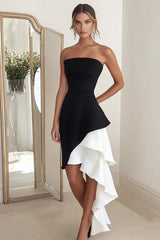 Black White Sheath Square Neck Short Cocktail Dress with Ruffles