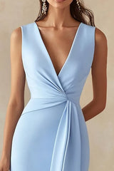 Sky Blue Satin Sheath Deep V-Neck Long Work Dress with Slit