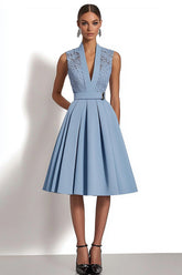 Grey Blue A Line Deep V-Neck Midi Work Dress with Belts