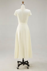Daffodil Satin Bateau Neck A Line Midi Work Dress with Sleeves