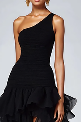 Black Organza One Shoulder A Line High Low Formal Dress with Ruffles