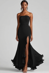 Strapless Chiffon Long Sheath Black Tie Dress with Slit