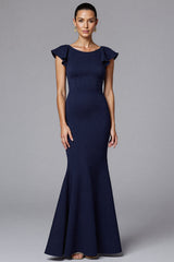 Elegant Navy Boat Neck Satin Long Formal Dress with Ruffles