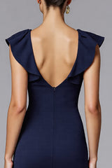 Elegant Navy Boat Neck Satin Long Formal Dress with Ruffles
