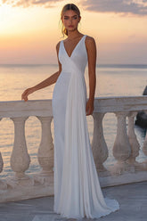 White Chiffon V Neck Boho Wedding Dress with Pleats