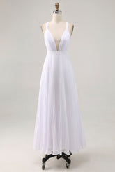 White Chiffon A Line V Neck Long Engagement Dress with Pleats